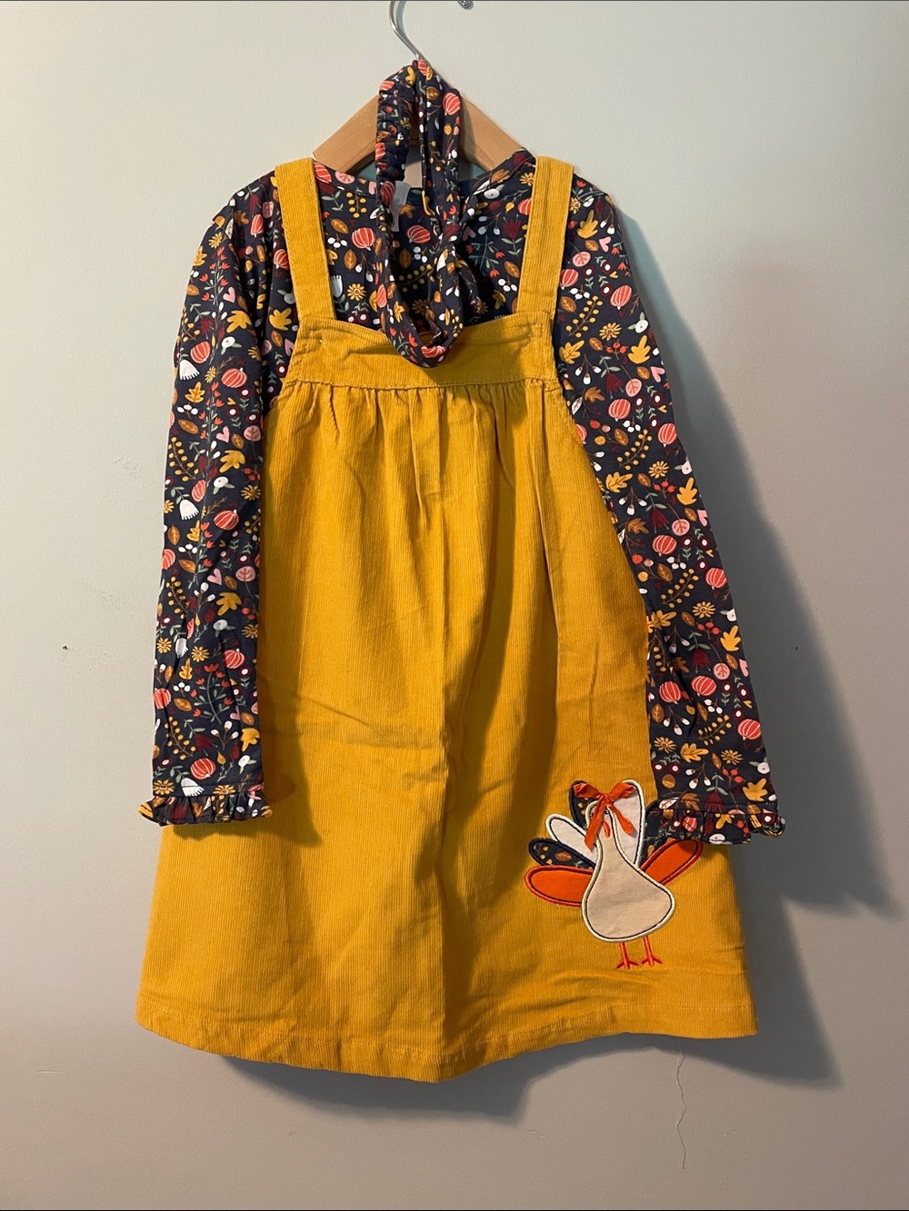 Thanksgiving Girls Mustard Yellow Corduroy Dress with Floral/pumpkin top